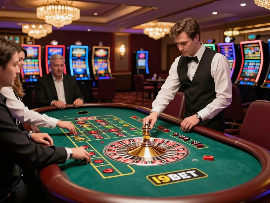 I9BET players placing bets at a roulette table while enjoying a vibrant casino atmosphere