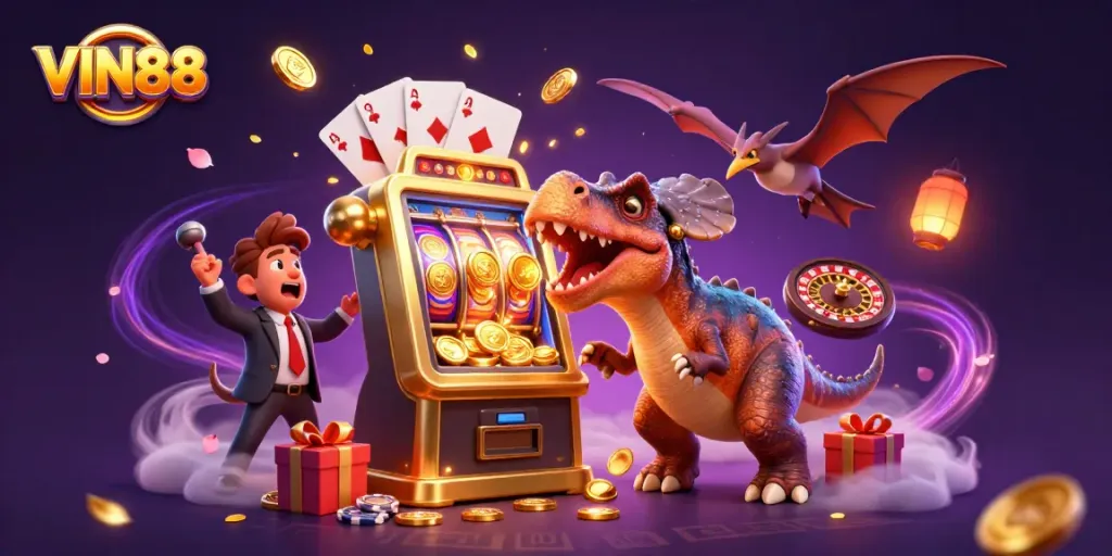 VIN88 features an exciting scene of a pachycephalosaurus headbutting a golden slot machine, showcasing the thrill of casino gaming.