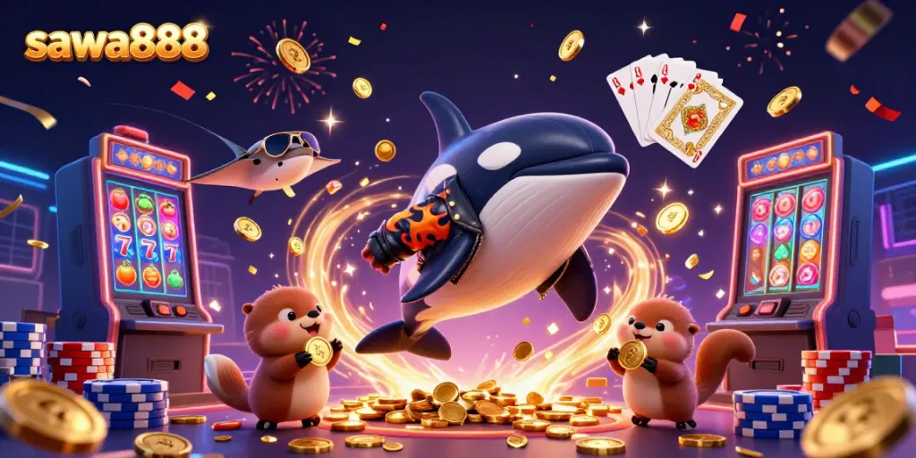 Experience the excitement of sawa888 with a dynamic 3D casino scene featuring characters and golden slot machine symbols.