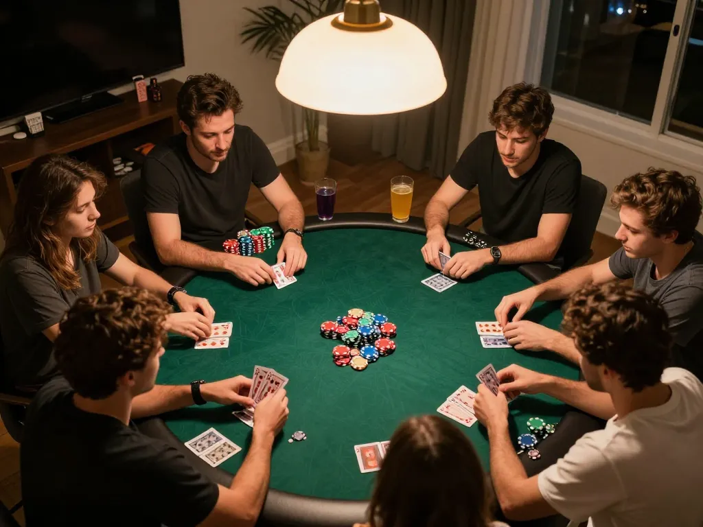 Friends engaged in a strategic poker game at home, showcasing U888 atmosphere of friendly competition.