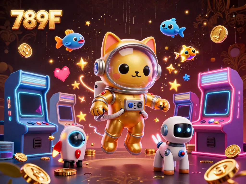 Engage with 789F's vibrant gaming experience, featuring astronauts, robots, and interactive elements in space.