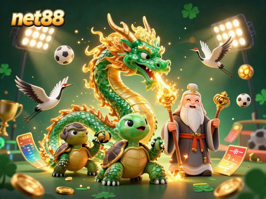 Experience thrilling gameplay at net88 with a stunning emerald jade dragon and lucky cranes, immersed in vibrant casino elements.