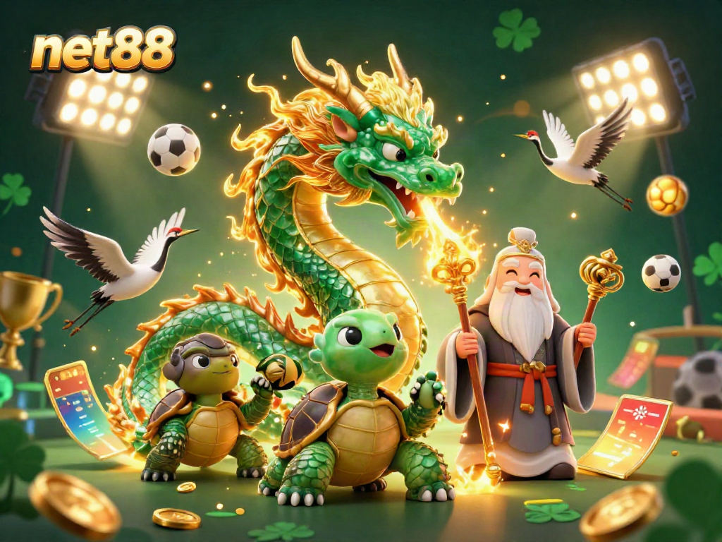 Experience thrilling gameplay at net88 with a stunning emerald jade dragon and lucky cranes, immersed in vibrant casino elements.
