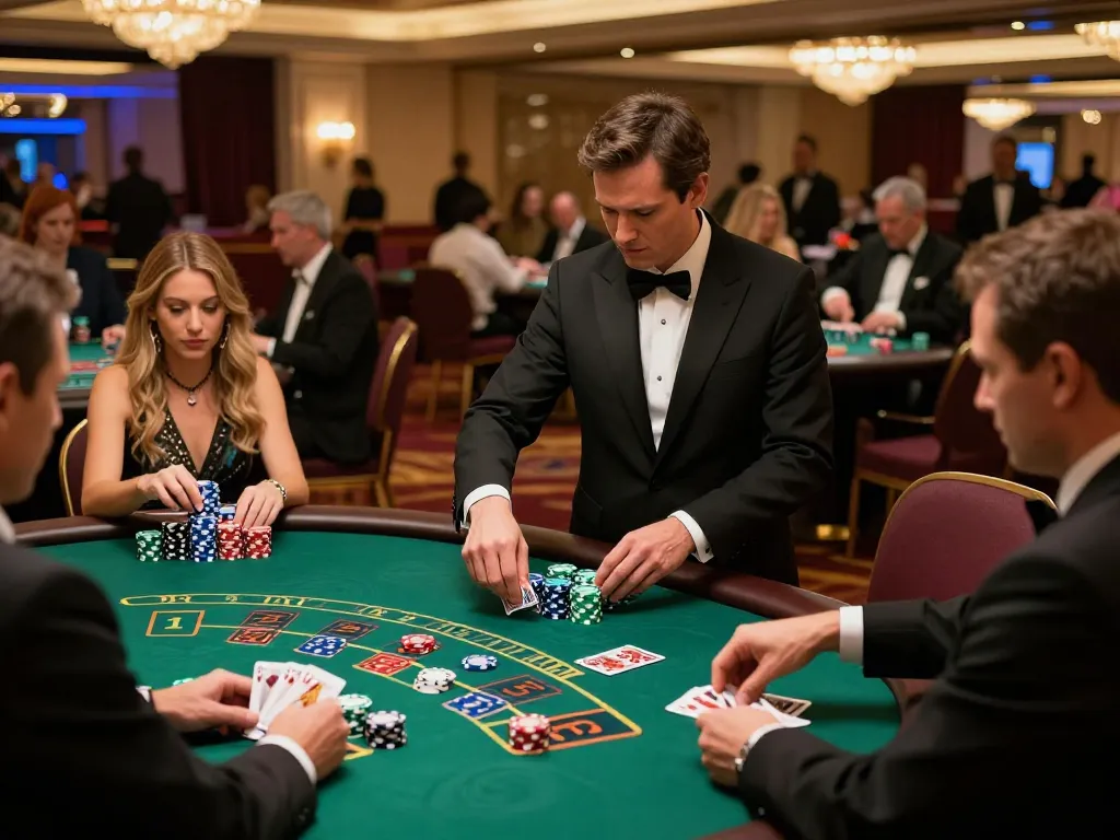 Players enjoying blackjack at an upscale casino floor, showcasing the dynamic atmosphere of 23wincom.