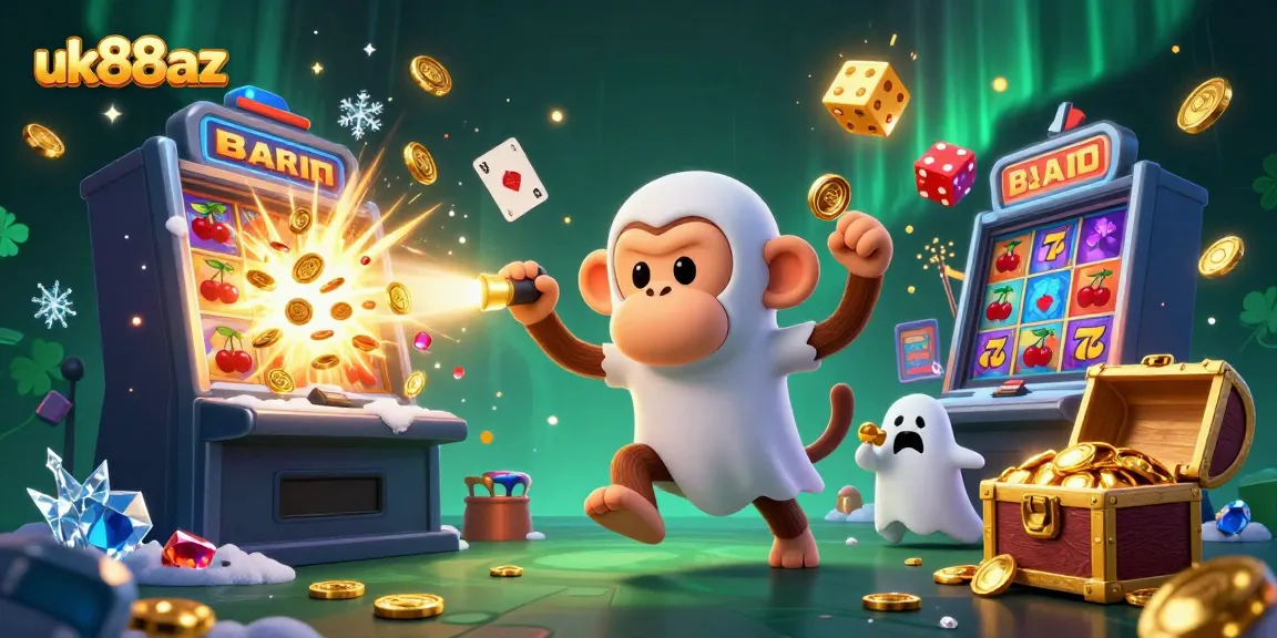 Experience thrilling casino fun with uk88az, featuring a mischievous monkey and a spirited puppy in a haunted setting.