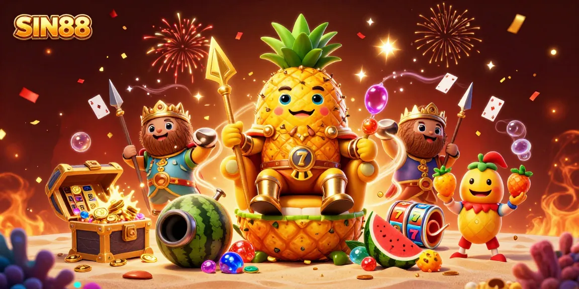 SIN88 casino scene featuring a golden pineapple king, slot game elements, and vibrant celebrations