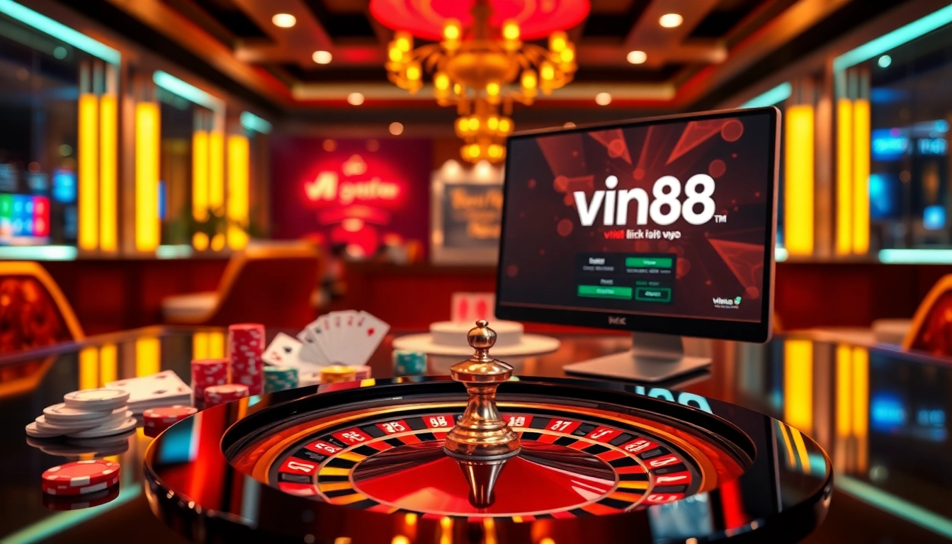 Experience vin88 link vào in a professional online casino setting with vibrant gaming elements and a welcoming ambiance.