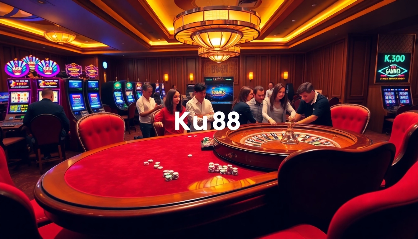Ku88 enthusiasts placing bets at a vibrant casino table filled with poker chips and cards.