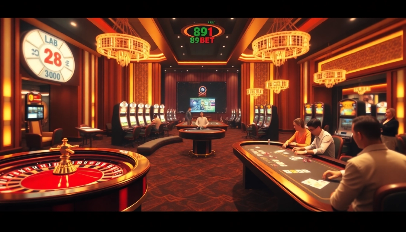 An inviting scene illustrating the online gambling experience at trang chủ 89bet, showcasing vibrant casino elements like roulette wheels and poker tables.