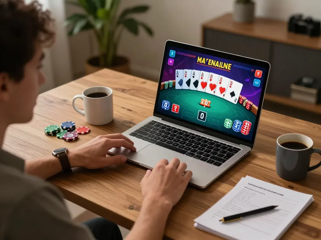 VUA 88 player engaging in online poker game on modern laptop with strategic notes.