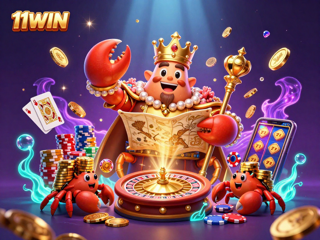 Engage with thrilling games at 11WIN featuring a grand crab emperor amidst a vibrant casino backdrop.