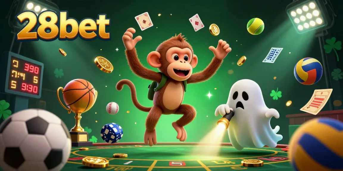 Experience the vibrant energy of 28bet's haunted casino with a playful monkey juggling golden objects while being tracked by a curious puppy.