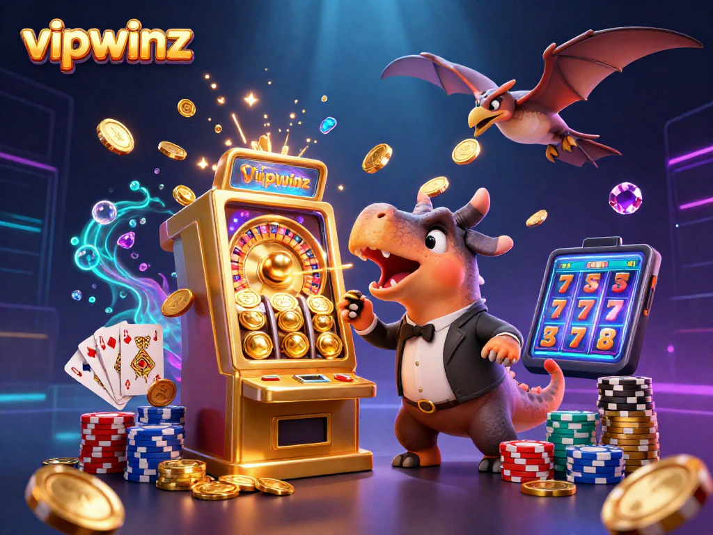 A dynamic scene of a pachycephalosaurus at vipwinz smashing a slot machine for coin jackpot, with vibrant casino elements and colorful characters.