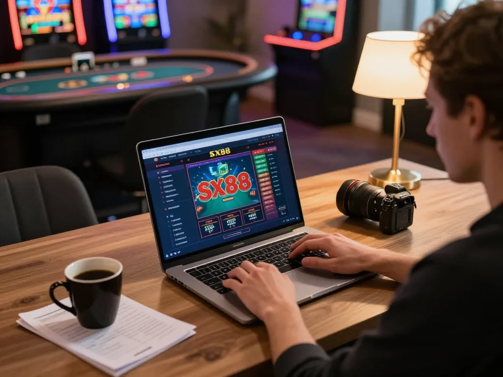 SX88 player strategizing with laptop at home, showcasing online casino gaming atmosphere