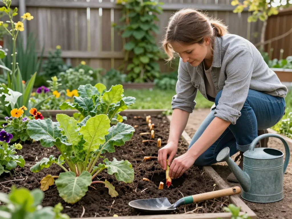 Rabarber stekken kopen in a vibrant garden setting, gardener planting rhubarb cuttings.