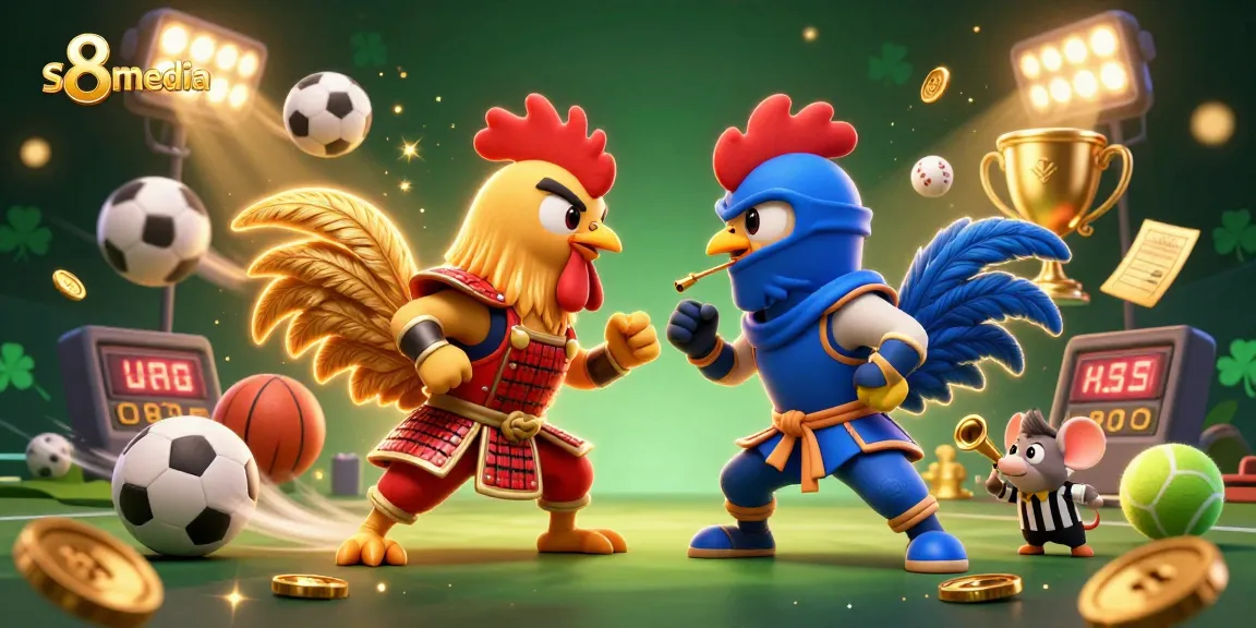 Engage with s8media's exciting online gambling in a vibrant and dynamic scene of roosters battling.