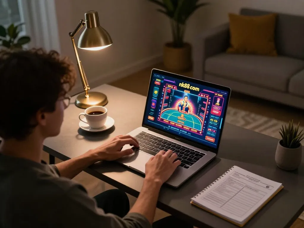 Engaged player enjoying their input at nk88 com online casino, showcasing strategic gaming setup.