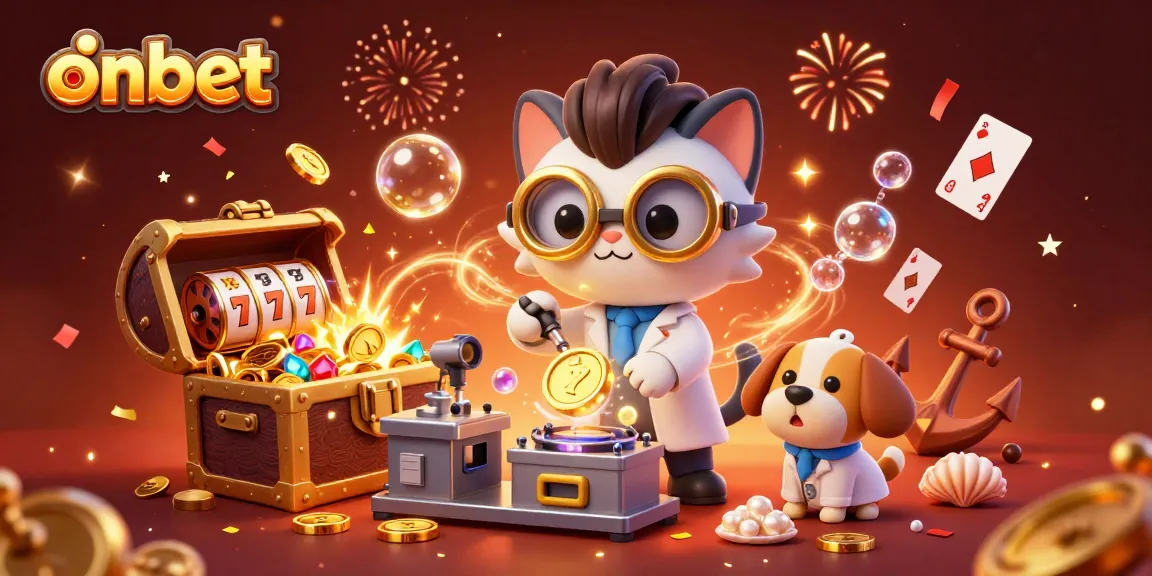 Experience exciting gaming at onbet with a cartoon illustration of fun casino elements.