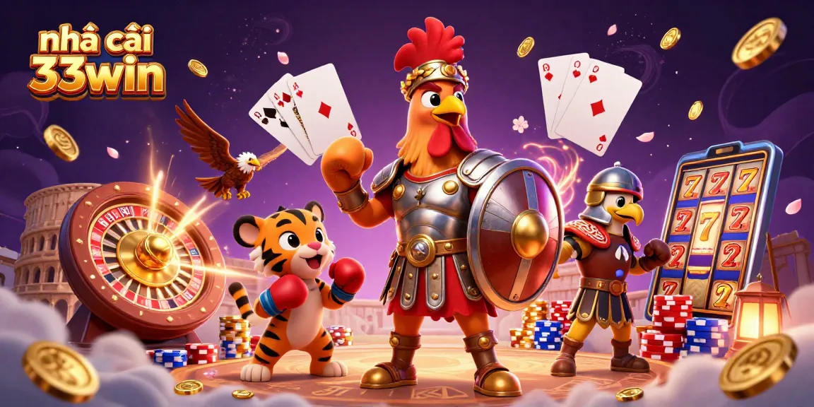 Engage in thrilling action with nhà cái 33win featuring a gladiator rooster, poker chips, and roulette elements.