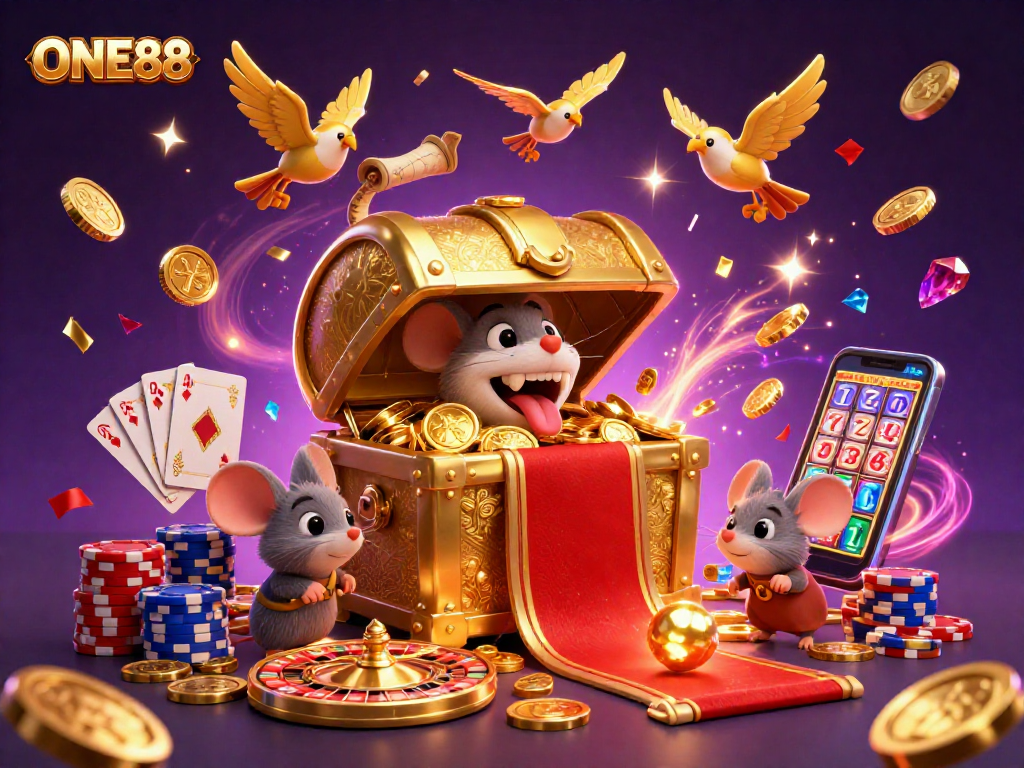 Experience the thrilling world of ONE88 with an enchanting treasure chest and dynamic casino elements.
