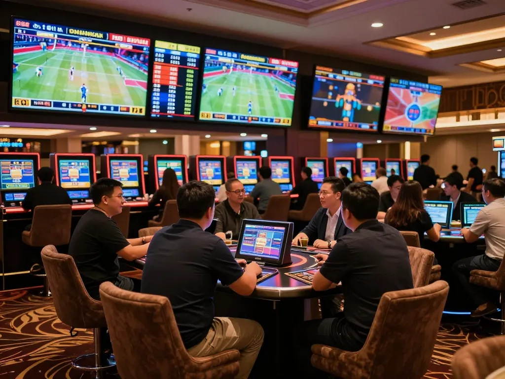 Excited players engaging in sports betting at 555win's upscale lounge with vibrant screens displaying odds