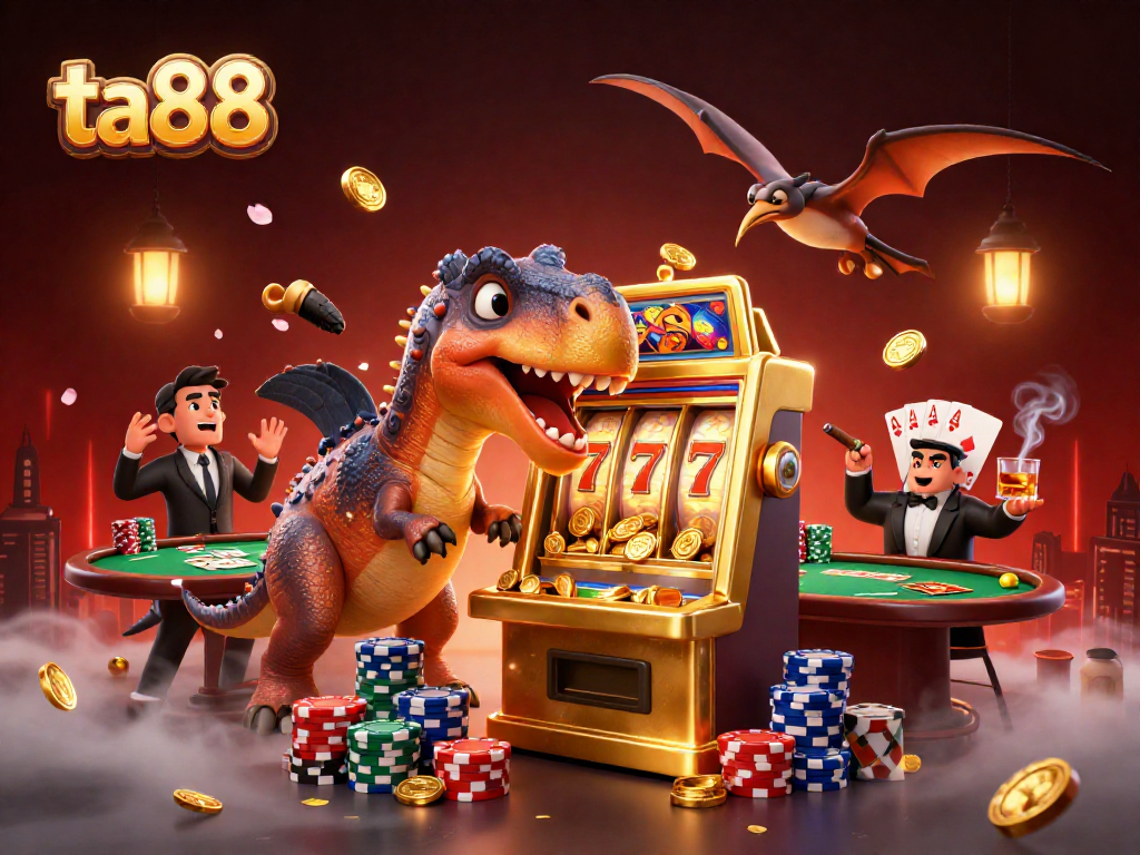 ta88 casino illustration with a pachycephalosaurus celebrating jackpot wins in a vibrant gaming scene.