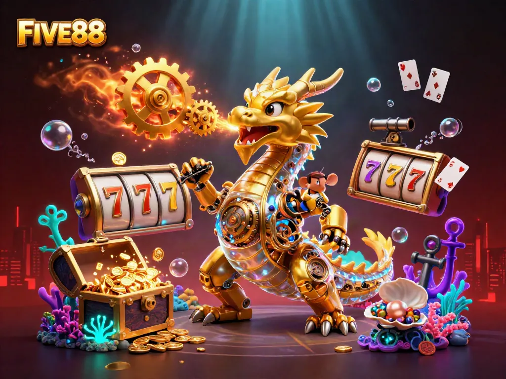Experience exciting gambling adventures with FIVE88 featuring a golden dragon and colorful slot elements.