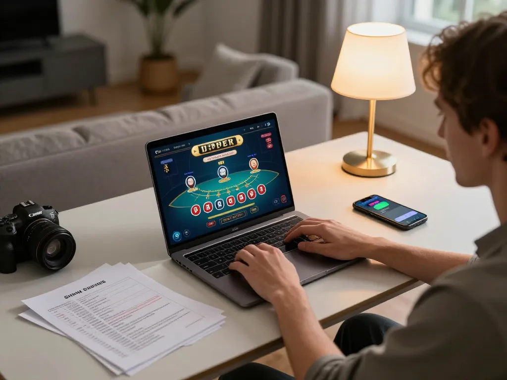 Player enjoying an online blackjack game at home using LV88's platform for a strategic gaming experience.