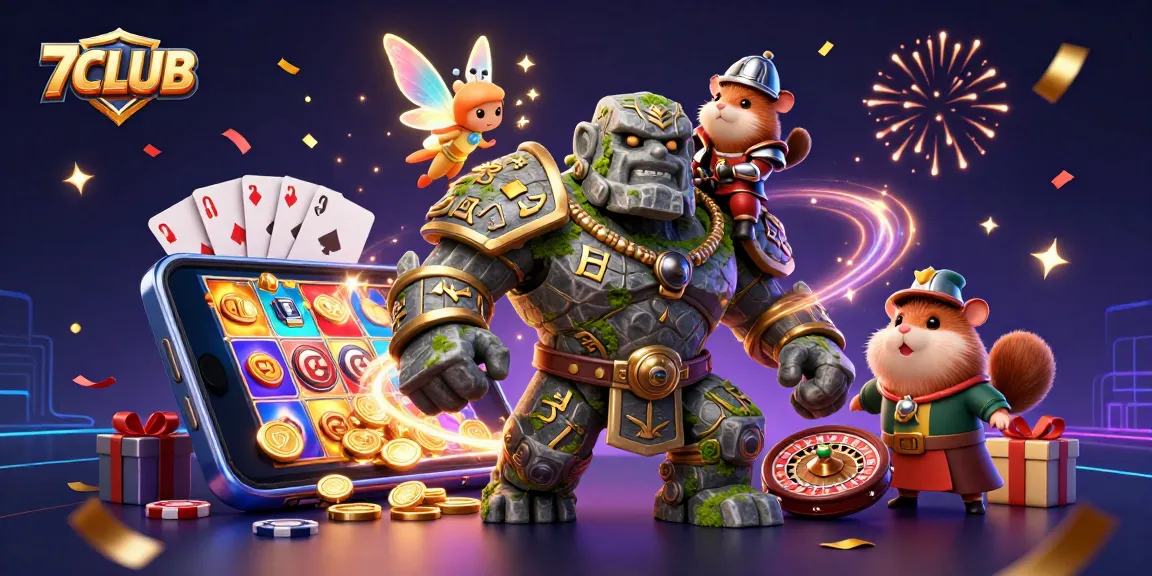 7CLUB players enjoying casino excitement with a magical golem guardian in a vibrant 3D scene.