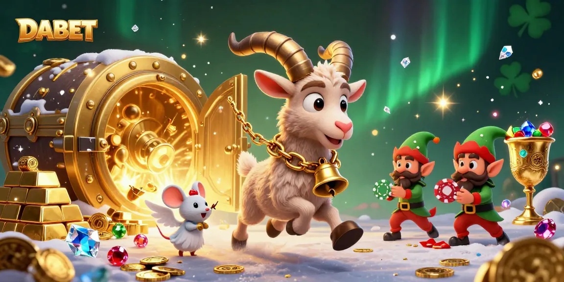DABET casino scene showcasing 3D characters in a vibrant, festive setting with poker elements amidst dazzling treasures.