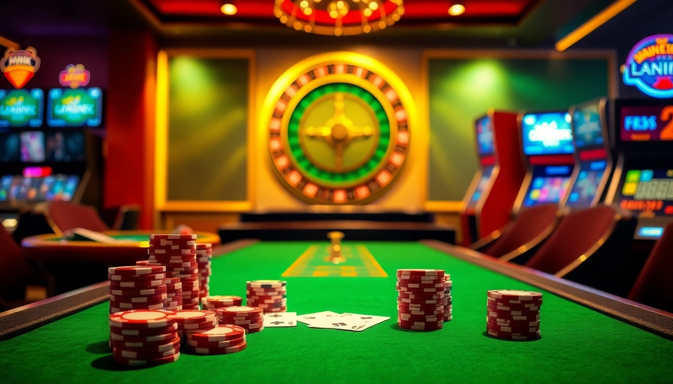 Exciting casino scene showcasing VN789 LINK with poker chips, cards, and roulette wheel.
