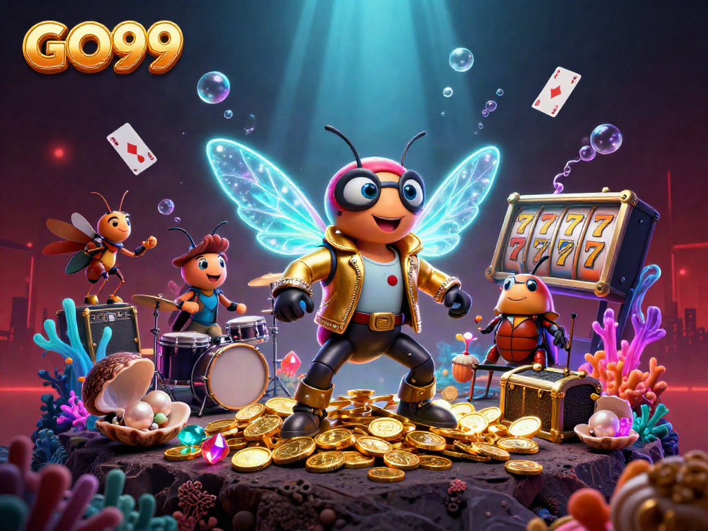 Experience the thrill of GO99 with a vibrant casino scene featuring dynamic characters and slot elements.