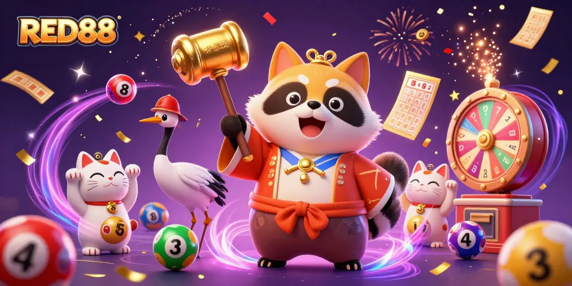 Engage in thrilling gaming action at RED88 with colorful lottery elements and festive characters.