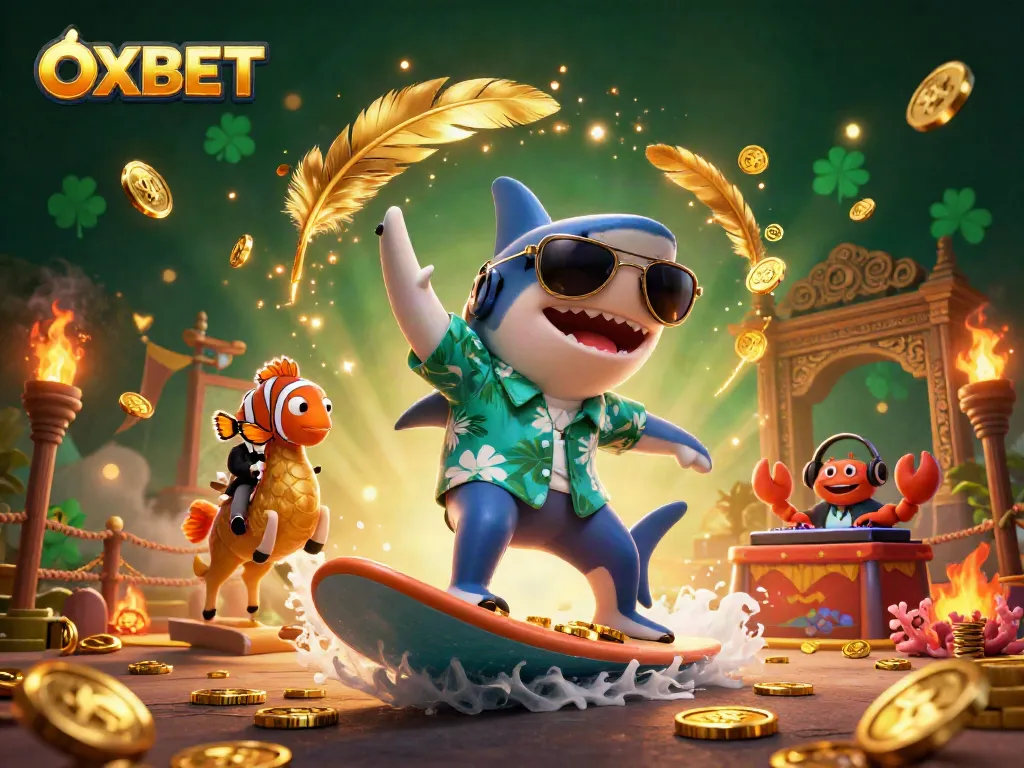 Experience thrilling action with OXBET as a hammer-head shark surfs gold coins while casino elements surround him.