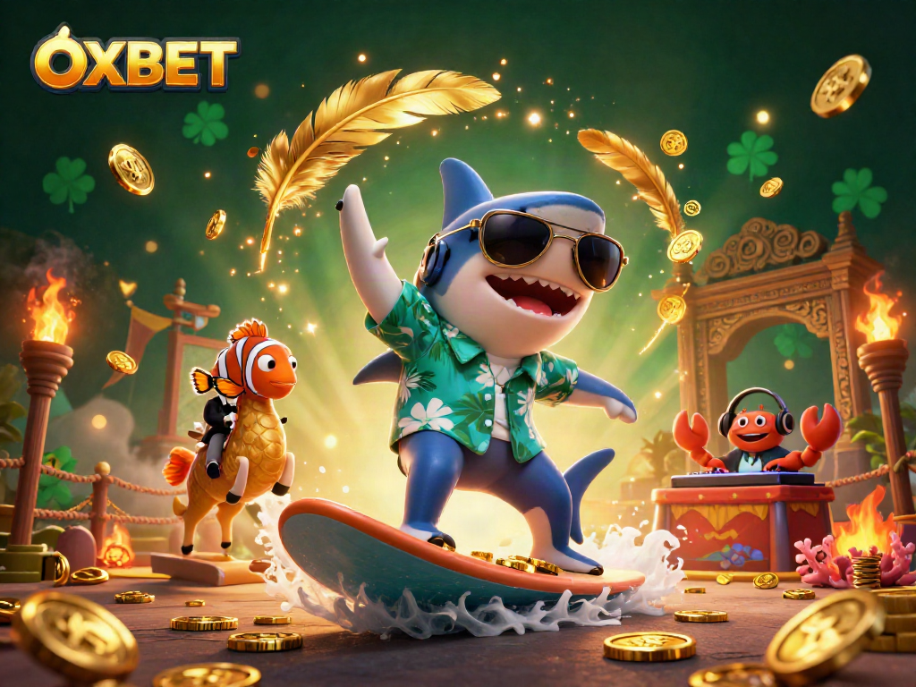 Experience thrilling action with OXBET as a hammer-head shark surfs gold coins while casino elements surround him.