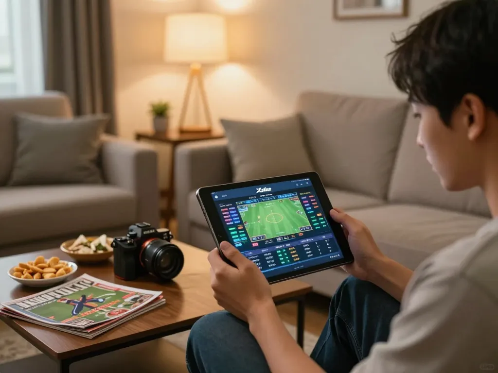 Xoilac's online sports betting platform displayed on tablet with engaged user, showcasing strategic insights.