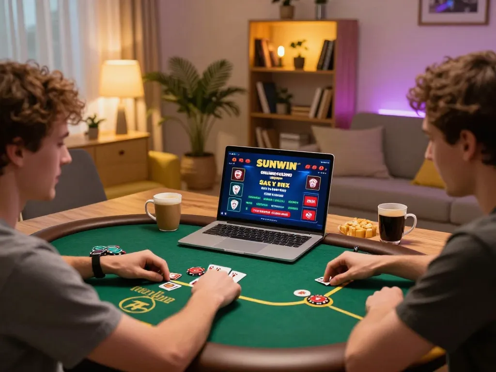 Player engaged in poker on Sunwin platform, showcasing home gaming setup with snacks and warm lighting.