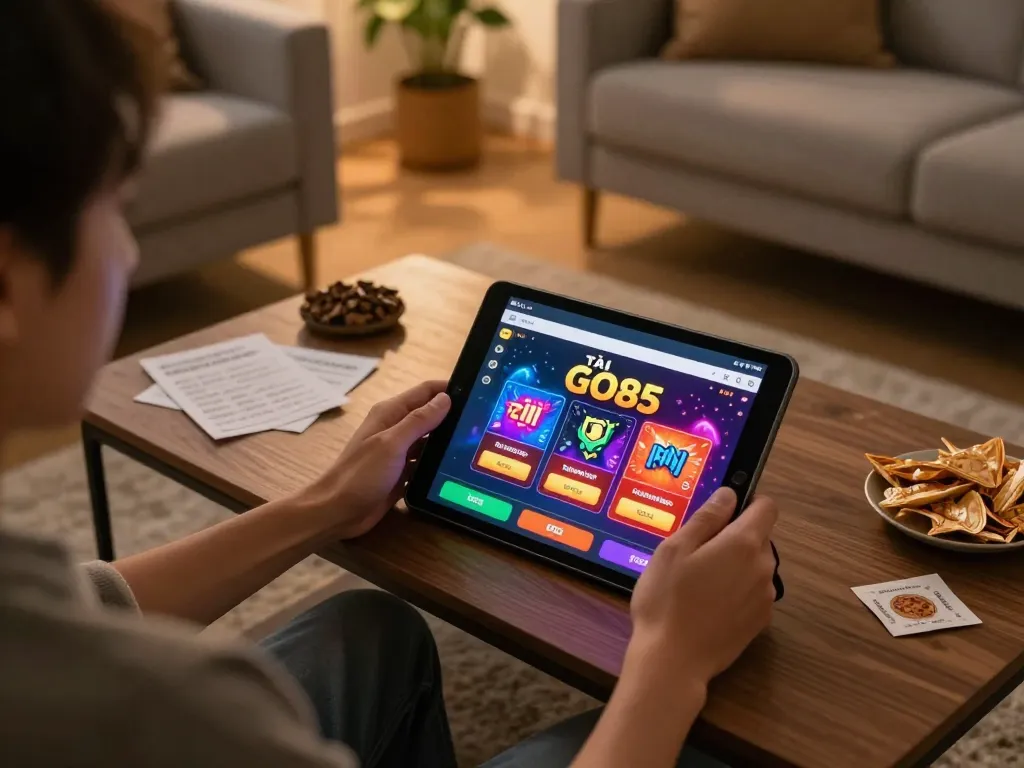 TẢI GO88 app interface showcased on tablet during cozy online gaming session with warm lighting.