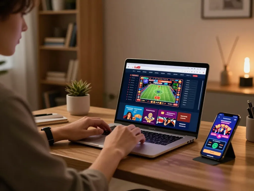 Engaging with the Lu88 betting platform in a cozy home office, showcasing Link đăng ký Lu88 on the screen