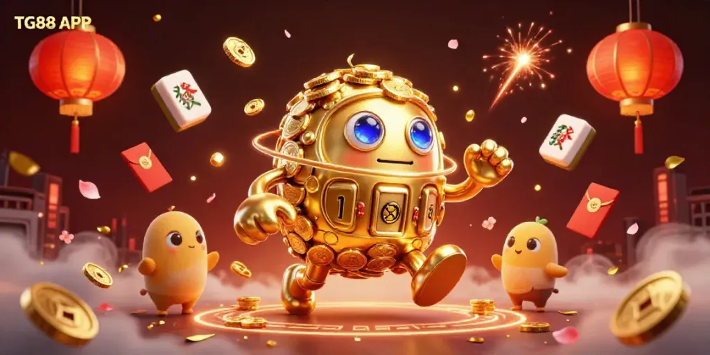 Experience the vibrant TG88 APP with a dynamic scene of a golden golem and casino elements.