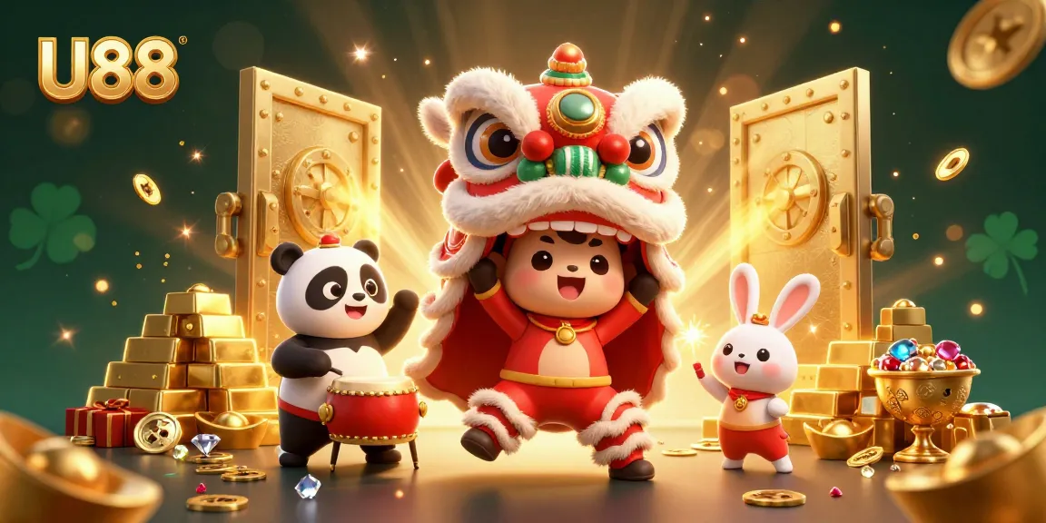 Play thrilling games at U88, with festive characters surrounded by gold treasures in a vibrant casino atmosphere.