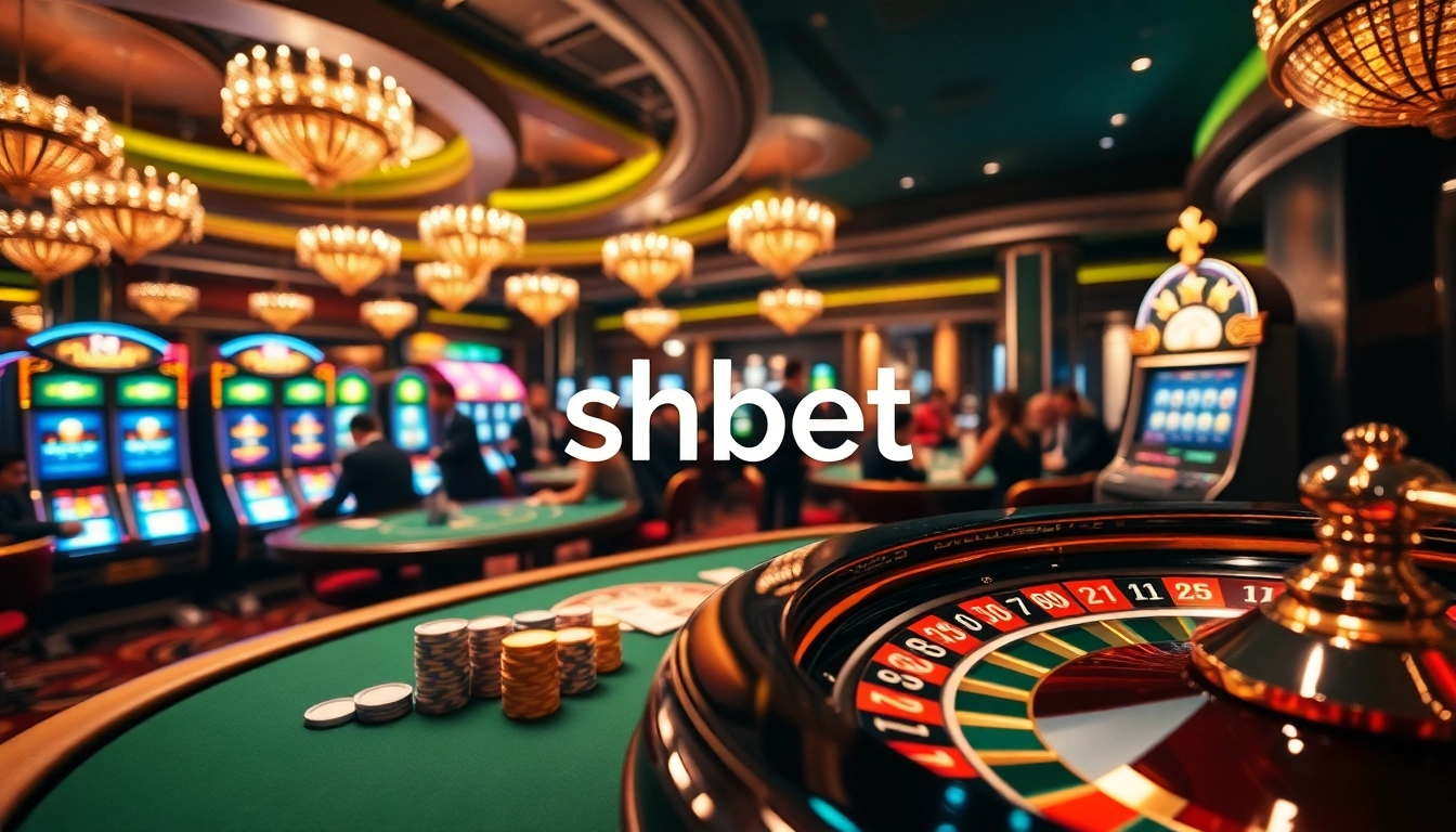 Players enjoying their time at shbet casino tables with vibrant slot machines and poker chips.