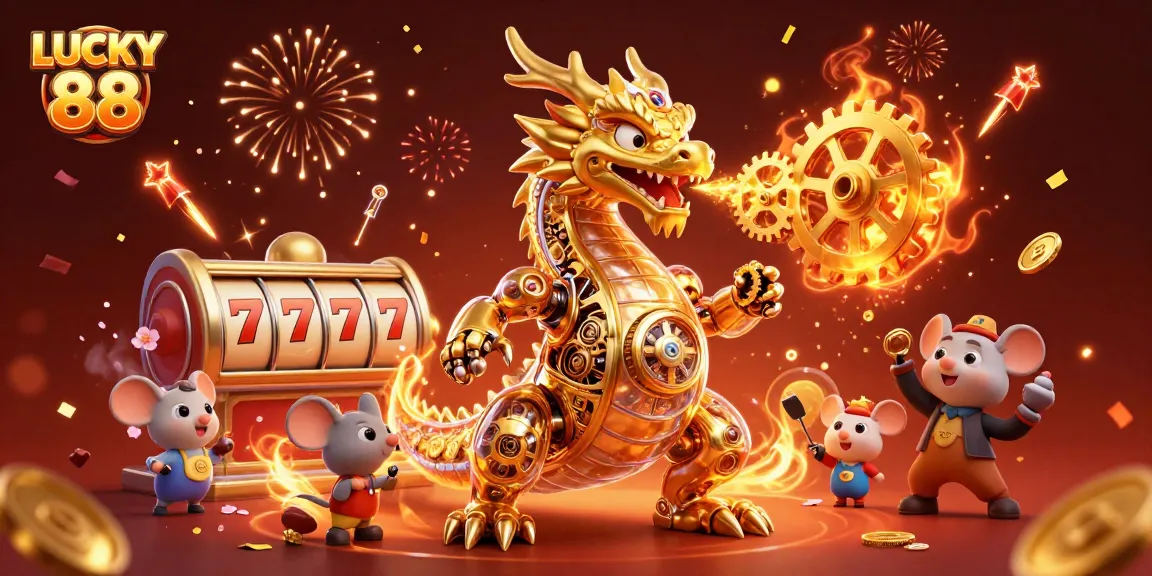 Experience the thrill of LUCKY 88 with this vibrant casino-themed illustration featuring dynamic slot reels.