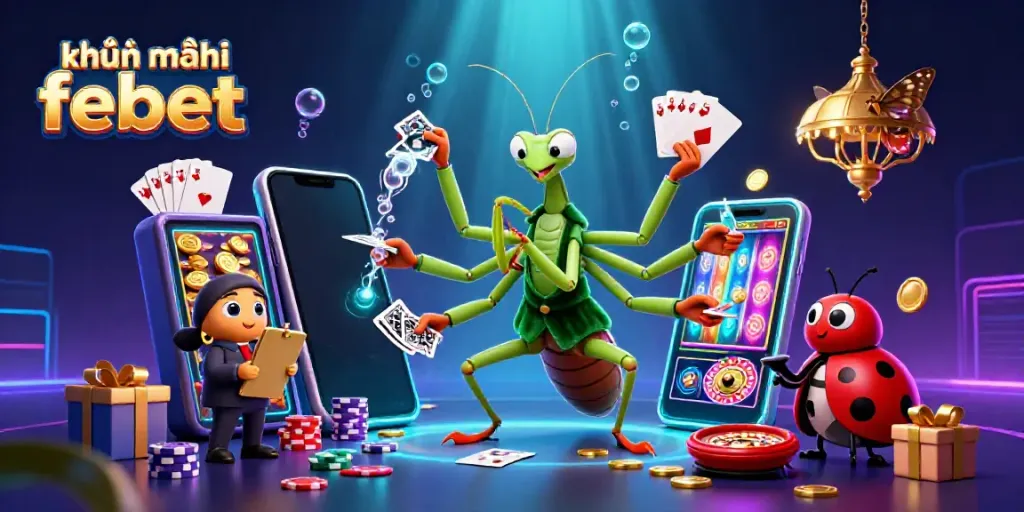 Engaging khuyến mãi febet scene with a playful mantis card dealer, ladybug pit boss, and casino elements scattered around.