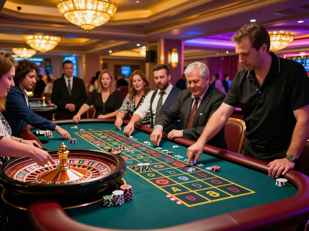 Players placing bets at an LC88 roulette table while enjoying the vibrant casino atmosphere.
