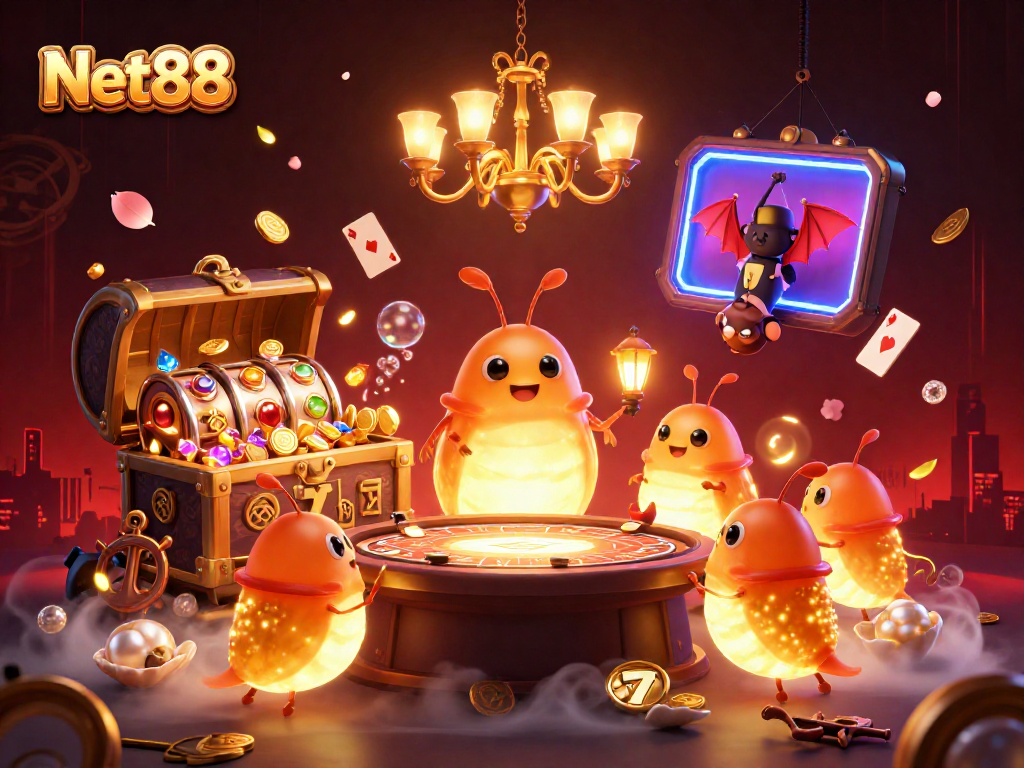 Experience the excitement in Net88's vibrant underground casino with glowing glowworms and treasures.