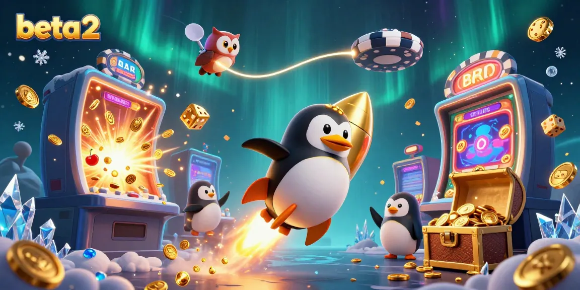 Experience the excitement of beta2 with a rocket-powered penguin launching into a vibrant casino space adventure.