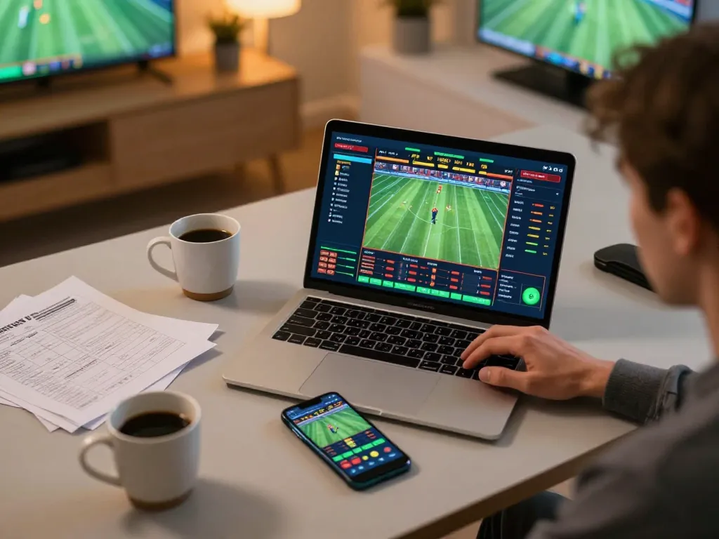 O8 user placing bets on sports online, dynamic gaming scene with laptop and smartphone