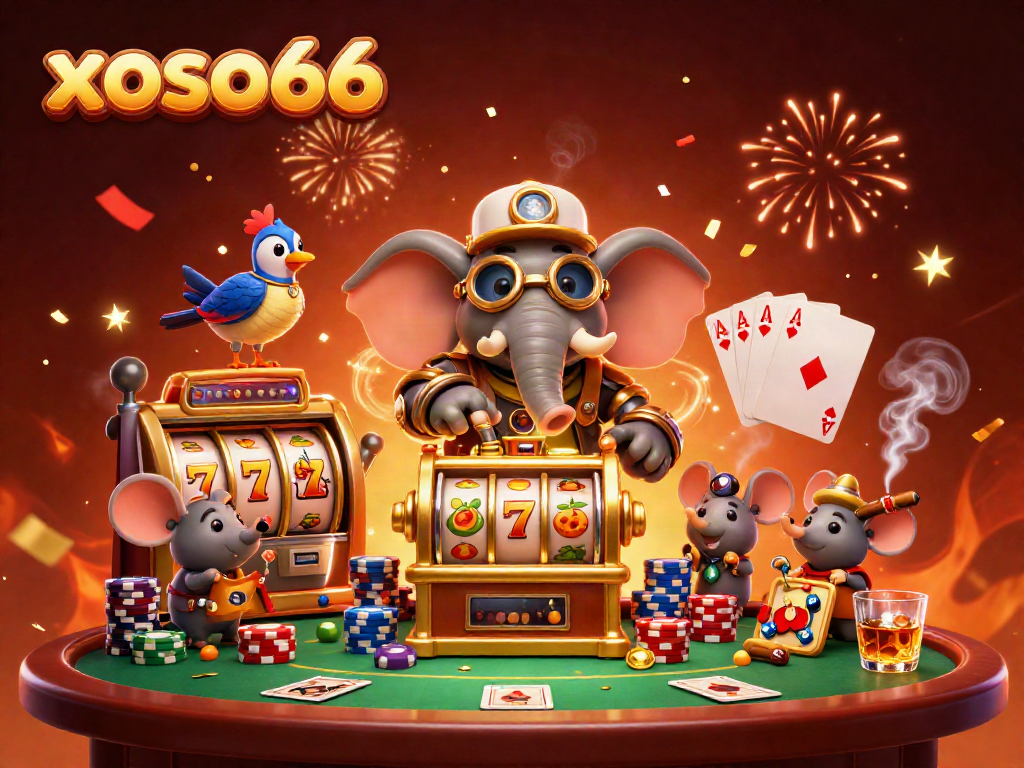 Engage with xoso66's vibrant casino scene featuring a steampunk elephant and colorful slot machines.