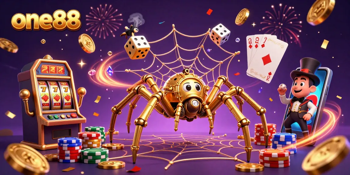 Experience the thrill of gaming at one88 with golden coins, vibrant slots, and whimsical characters.